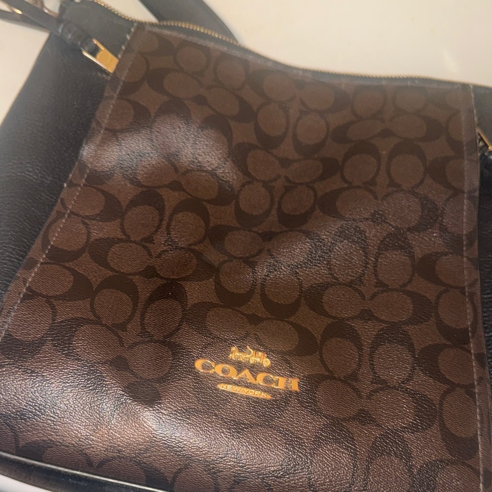 Coach Brown Signature Pattern Crossbody with Black Trim